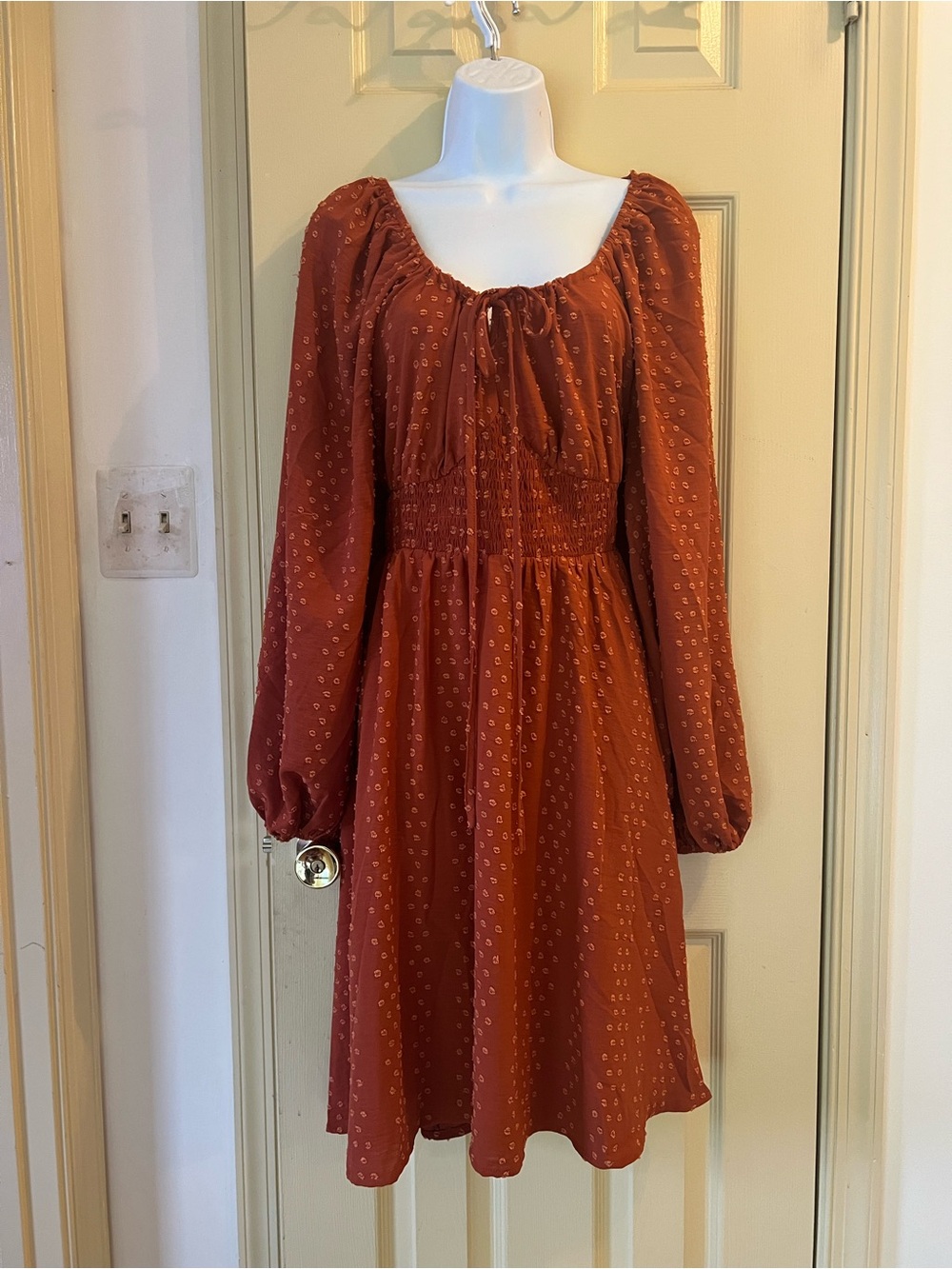 Long Sleeve Rust Brown Peasant Dress